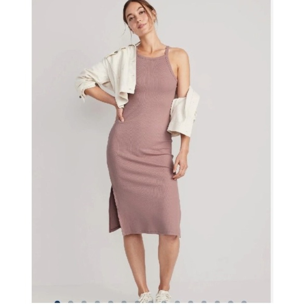 Old Navy Womens Dusty Rose Ribbed High Neck Bodycon Midi Dress L Basics Layering